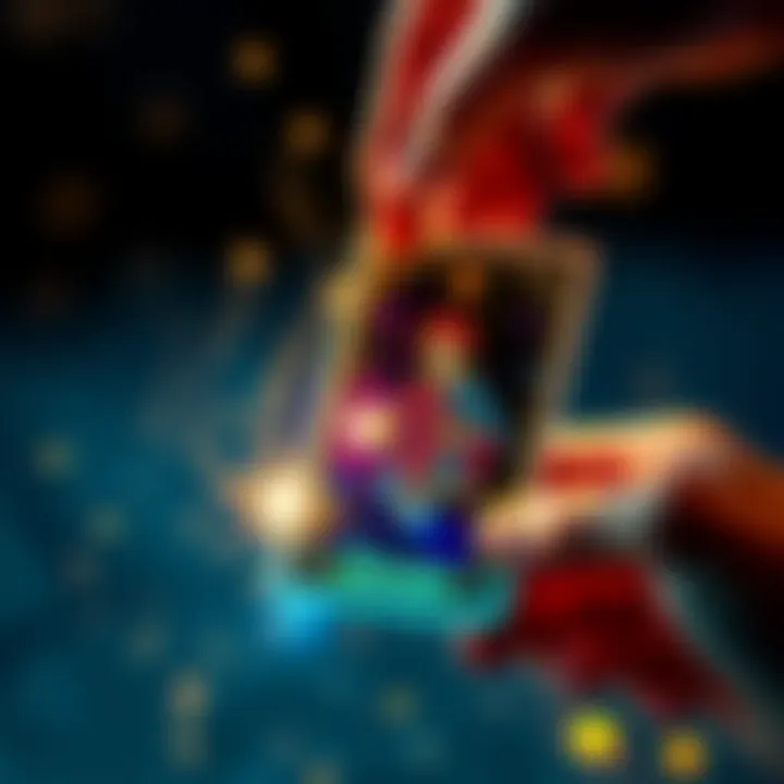 A colorful tarot card being drawn with sparkles around it, symbolizing blessings and insights.
