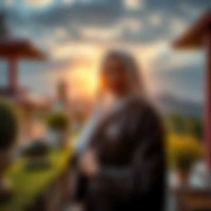 A serene monastery scene where a young woman from Sri Lanka prepares for her ordination as a 10 precept nun in Burma, surrounded by nature and spiritual symbols.