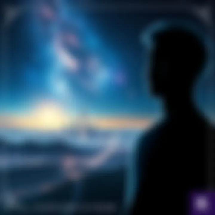 A surreal landscape depicting an alienated figure gazing out at a distant city skyline, symbolizing longing and belonging.