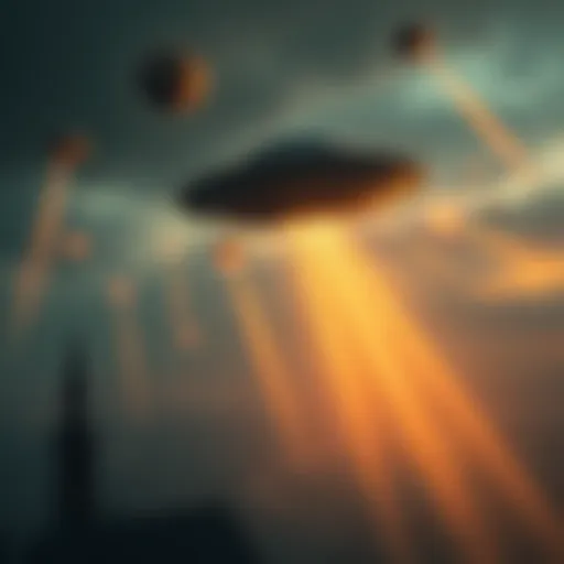 A depiction of a UFO battle in the sky over Nuremberg in 1561, with glowing orbs and beams of light