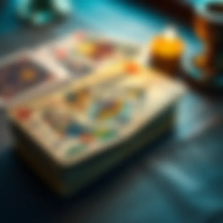 A 1971 Rider-Waite-Smith tarot deck resting on a table with soft lighting, showing colorful cards with traditional designs