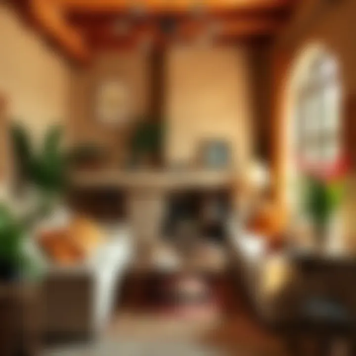 A cozy living room featuring 2000s Tuscan aesthetic with warm colors, rustic furniture, and decorative plants