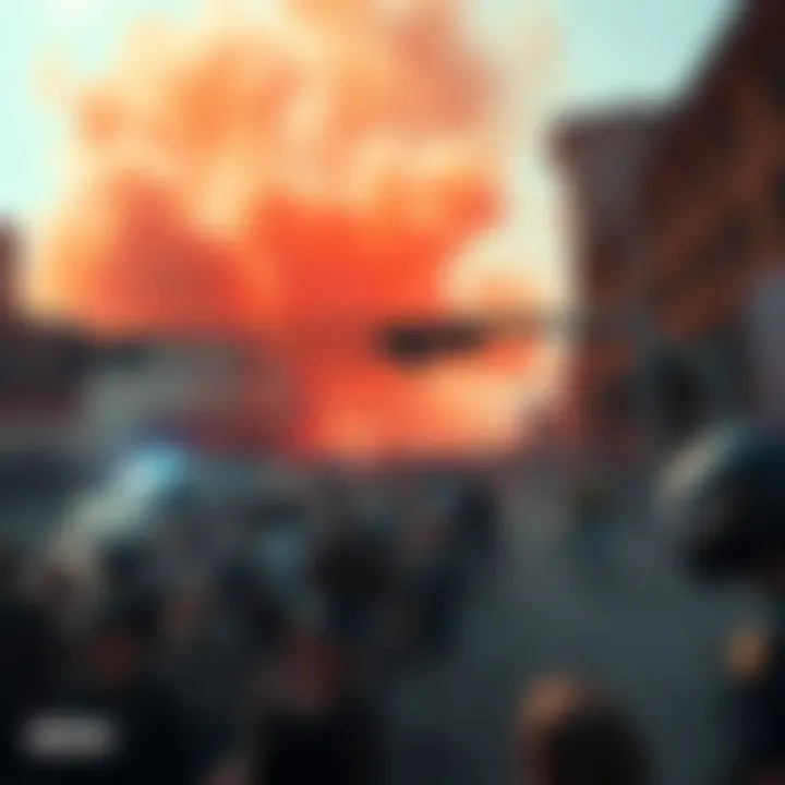 Crowds gather in downtown Los Angeles amid unrest, with police presence and smoke in the background.