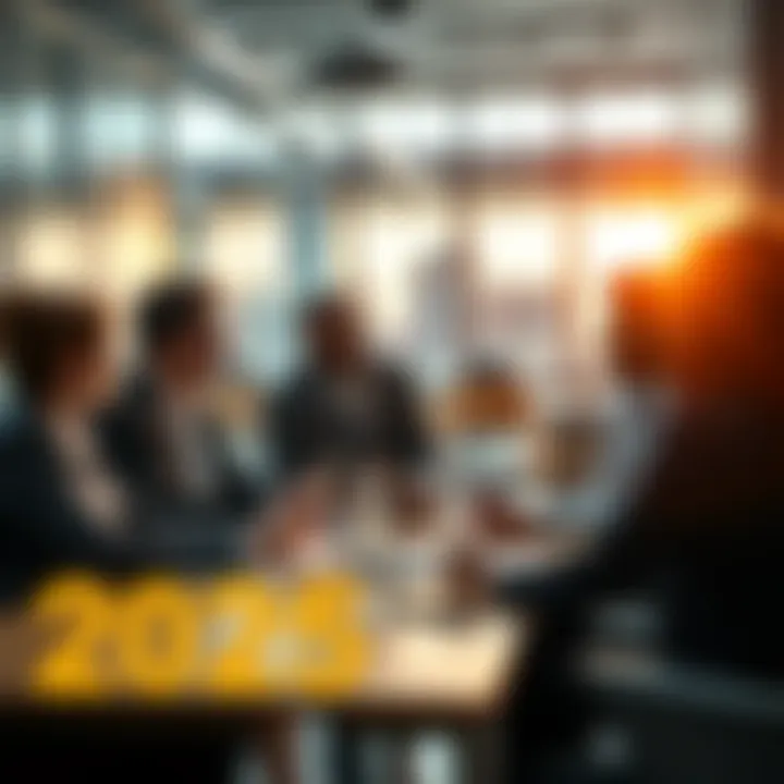 2025 Strategy Planning Business professionals discussing trends and forecasts for 2025 in a modern office setting.