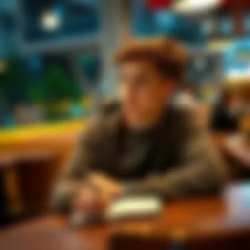 A young person sitting at a café, looking thoughtful, with a notebook and pen in front of them.