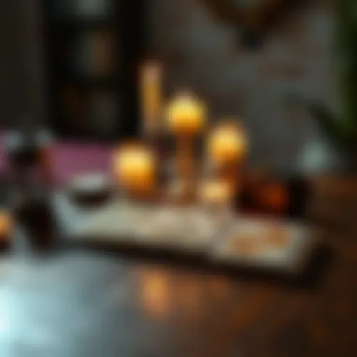 A table with three tarot cards spread out, representing a tarot reading, with a cozy setting and candles in the background.