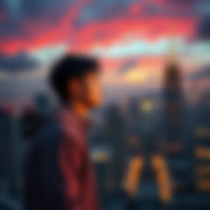 A thoughtful 30-year-old looking at a city skyline, reflecting on life and future opportunities.