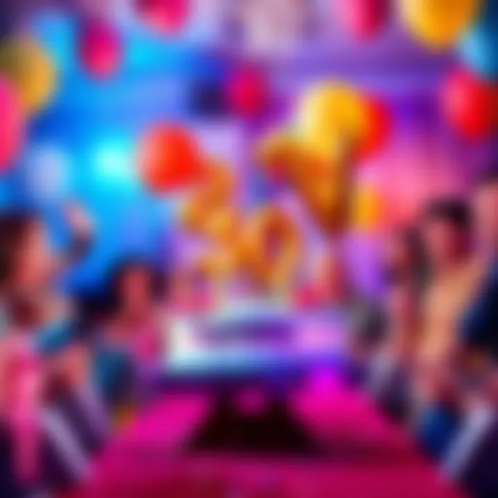 A vibrant birthday party scene with balloons, a cake, and happy people celebrating together.