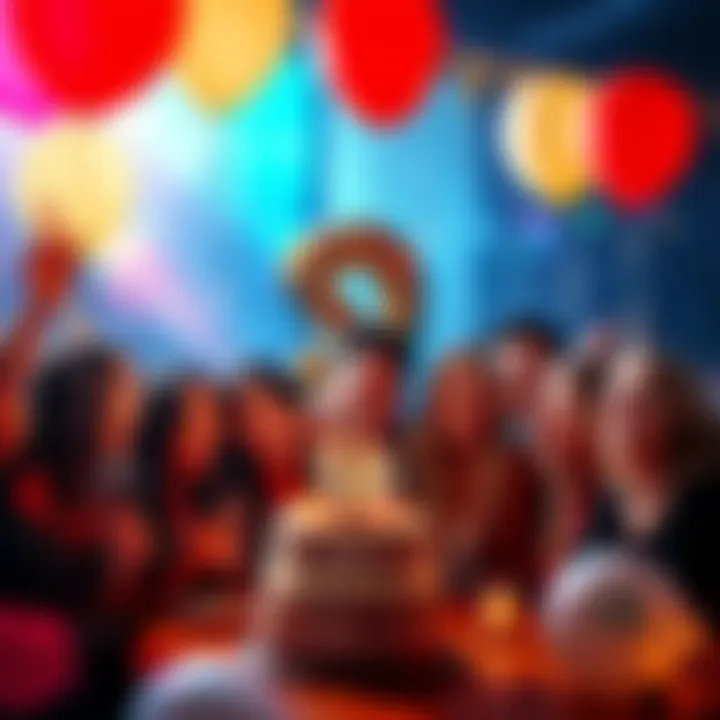 Group of friends celebrating a 30th birthday with balloons and cake