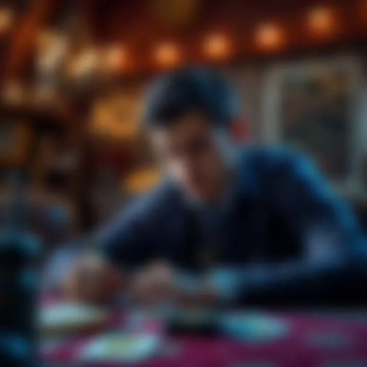 A man in his 30s looking thoughtfully at tarot cards on a table, seeking personal insights and direction.