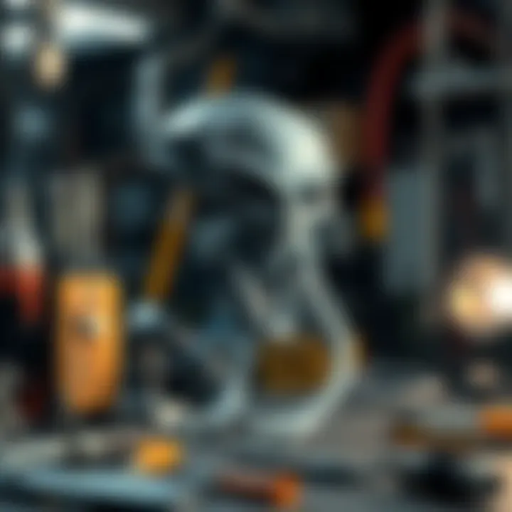 A 3D printed model of a Grey alien in a workshop setting, surrounded by tools and machinery.