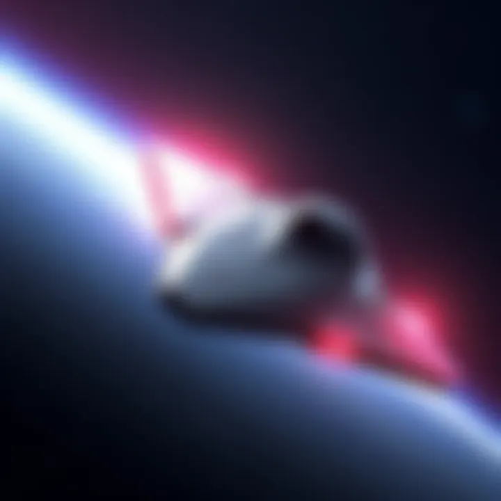 A sleek, futuristic alien spaceship traveling through space, surrounded by stars and distant galaxies.