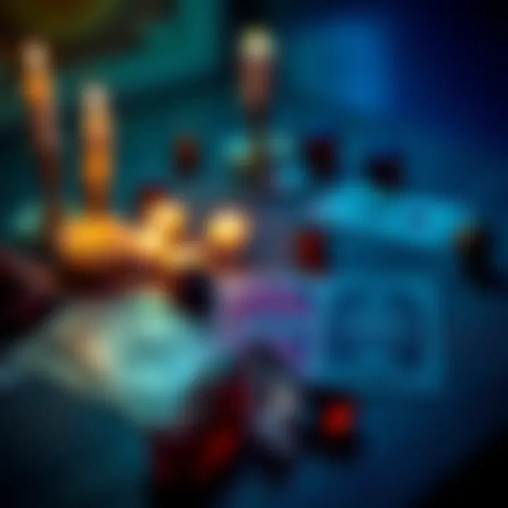 Three tarot cards laid out on a table with candles and crystals, symbolizing love insights from ancestors