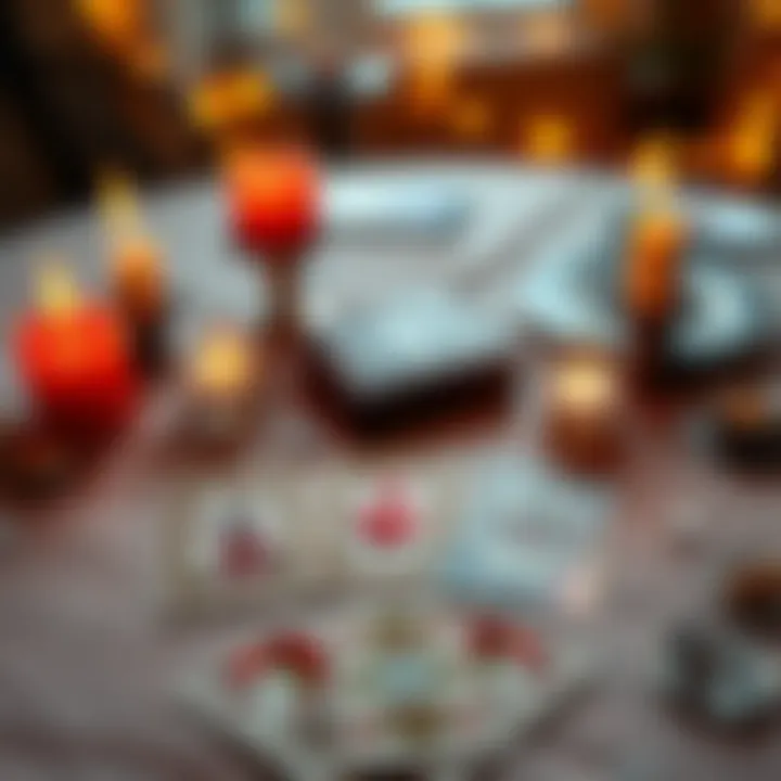 3-card love reading A tarot reading setup featuring three cards laid out on a table with candles and crystals around them, inviting participants to seek insights into their love lives.