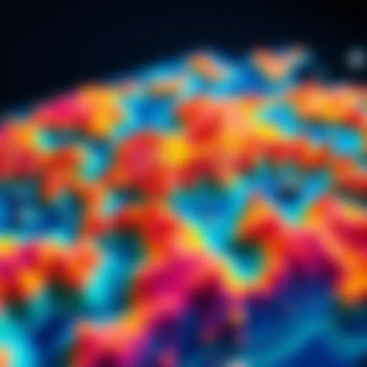 A graphical representation showing a colorful 3-D map highlighting various anomalous data points in a spatial layout.
