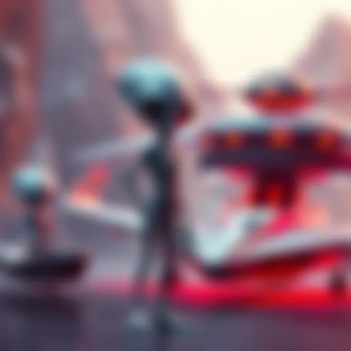 3D Printed Alien Grey A 3D printed figure resembling a Grey alien, standing next to a UAP craft in a futuristic setting.