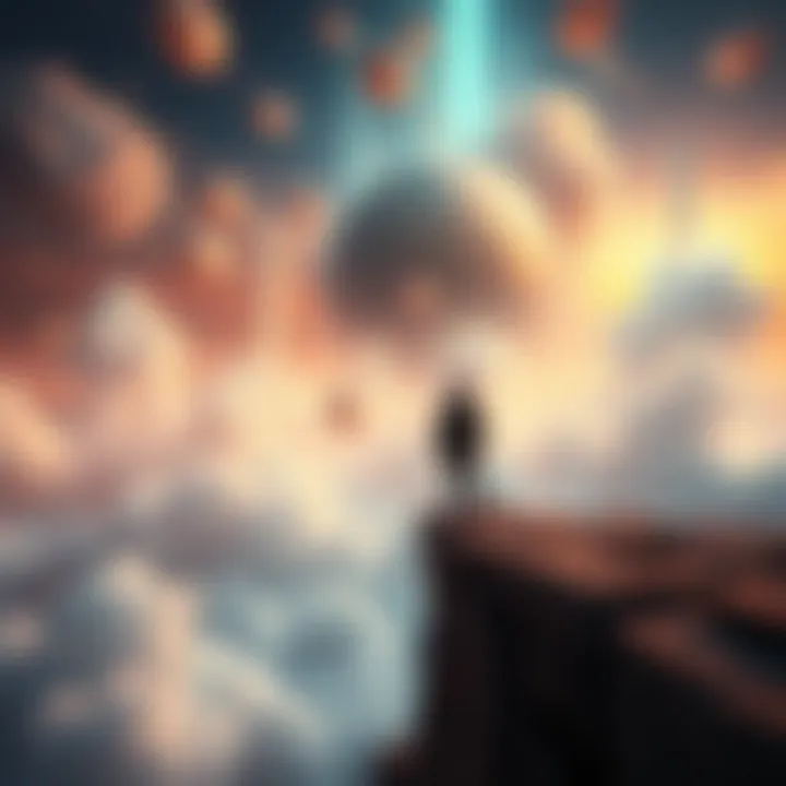 A person standing at the edge of a surreal world, with clouds and abstract shapes representing higher dimensions, contemplating reality.