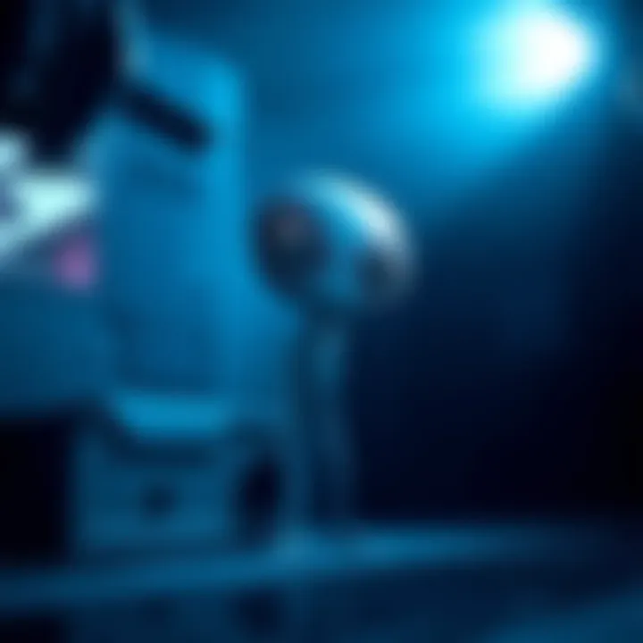 An alien figure with large eyes and a thin body appears in a dimly lit setting, surrounded by shadowy details.