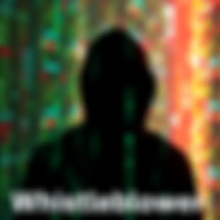 Whistleblower Exposed A visual representation of online privacy concerns following the 4chan hack, featuring a shadowy figure surrounded by digital data streams.