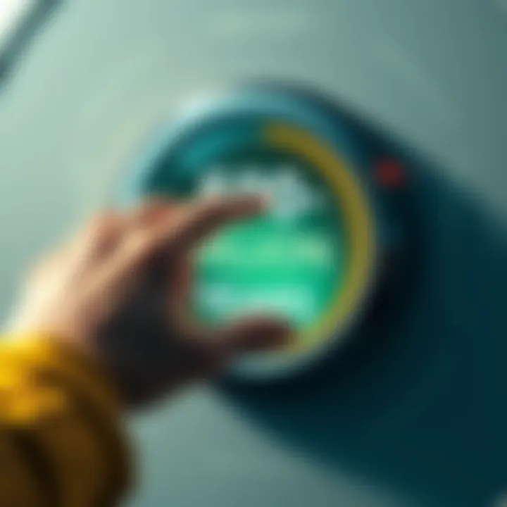 A close-up of a futuristic button labeled '500-Million-Years' with a hand hesitating over it, symbolizing the choice not to press it.