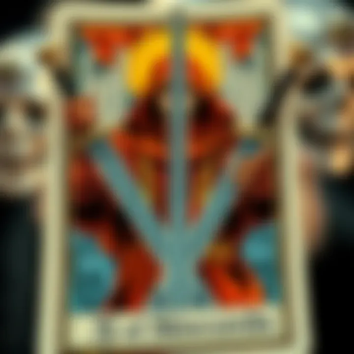 A close-up of the 5 of Swords tarot card featuring a figure holding swords, symbolizing conflict and tension, with a background that suggests uncertainty.