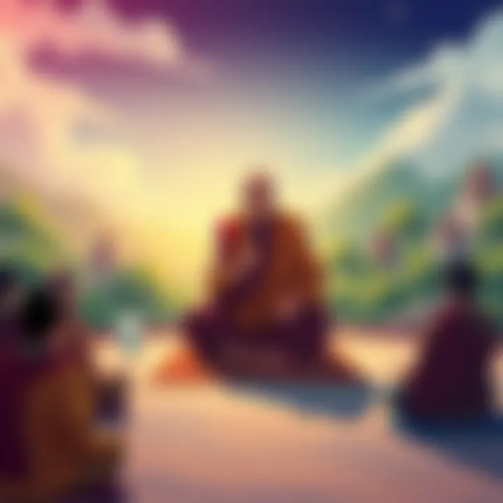 An illustration of the 5th Dalai Lama giving a teaching, surrounded by peaceful nature and people engaged in meditation, symbolizing enlightenment and mindfulness
