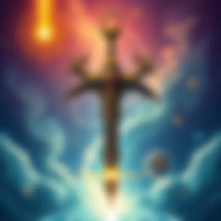 An illustration of the 6 of Swords Tarot card with symbols of the second decan of Aquarius and Mercury influences.