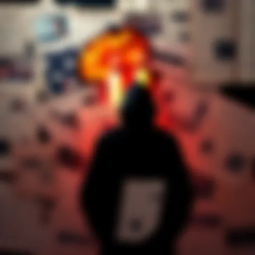 A collage of newspaper clippings and documents related to 9/11 theories, with a shadowy figure in the background symbolizing secrecy.