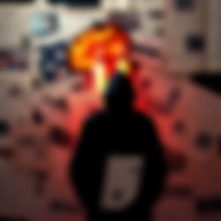 A collage of newspaper clippings and documents related to 9/11 theories, with a shadowy figure in the background symbolizing secrecy.