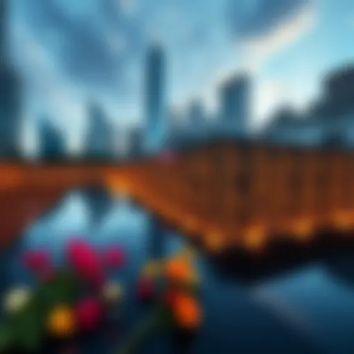 A view of the 9/11 Memorial featuring flowers and names of victims inscribed on the stone.