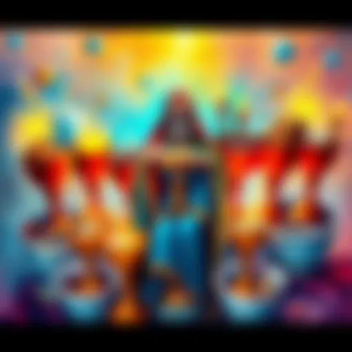 A colorful depiction of the 9 of Cups Tarot card showing a figure surrounded by cups filled with various treasures, symbolizing fulfillment and happiness.