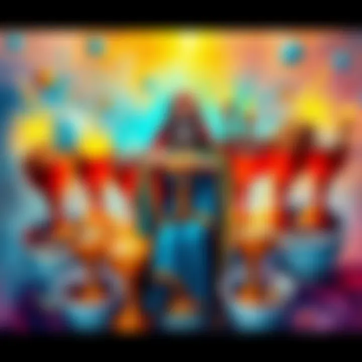 9 of Cups Fantasy Tarot Card A colorful depiction of the 9 of Cups Tarot card showing a figure surrounded by cups filled with various treasures, symbolizing fulfillment and happiness.