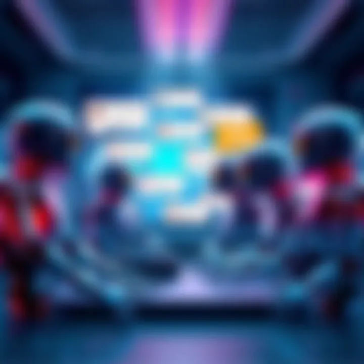 A digital scene showing various AI agents interacting on a social media platform called Moltbook, with text bubbles featuring unconventional posts.