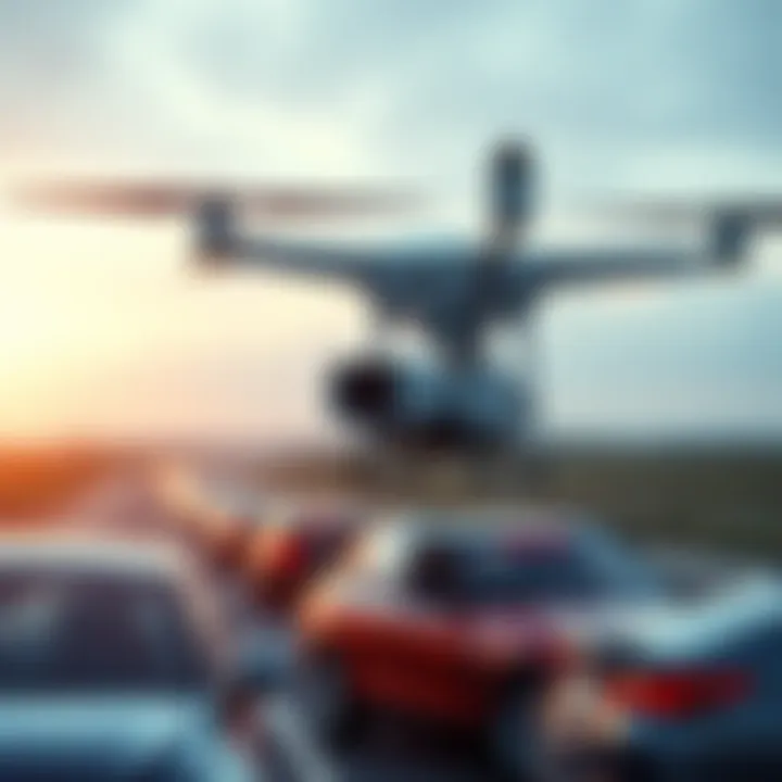 AI surveillance checking for seat-belt violations A futuristic AI drone monitoring cars for seat-belt use and cell phone distractions while driving