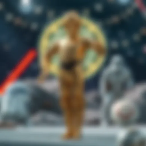 C-3PO, the famous Star Wars droid, stands with one silver leg, showcasing his unique design amidst a Star Wars backdrop.
