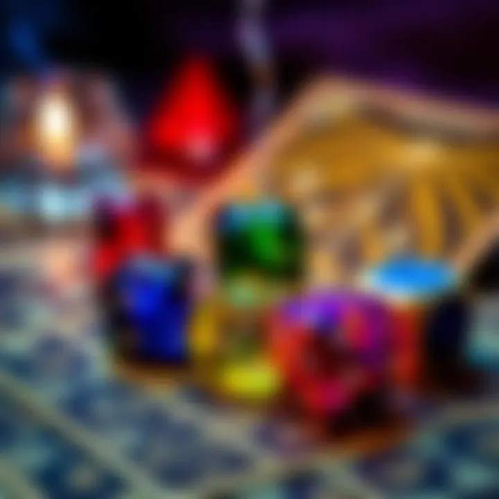 Colorful D&D dice placed next to tarot cards with a mystical background