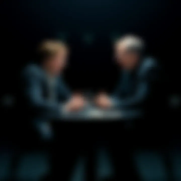 Tom DeLonge and George Knapp sitting at a table, engaged in a serious conversation about UFOs with a dark background
