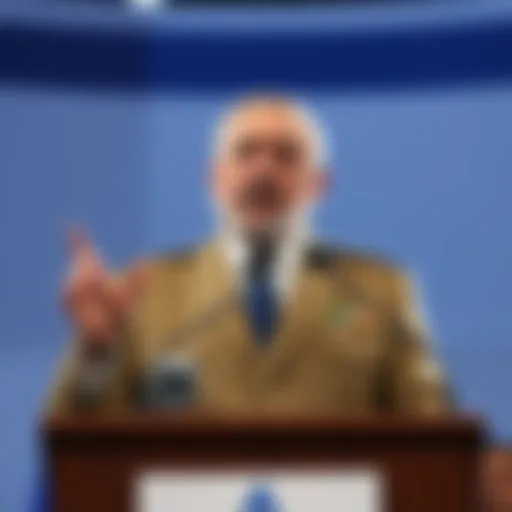 Israeli Defense Minister Katz speaks confidently at a podium, addressing threats to Iranian leadership.