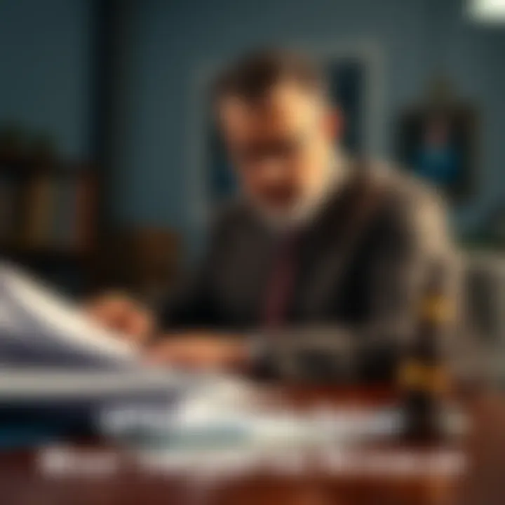 A lawyer discussing the delay of a UFO disclosure with a concerned look, papers and documents spread out on a table, with a blurred background of an office setting.
