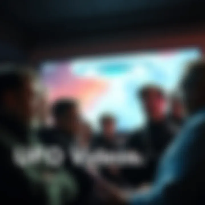 A group of people discussing a UFO video with expressions of curiosity and skepticism.