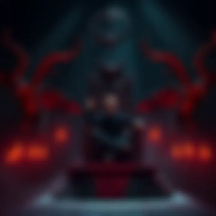 A YouTuber in a dark setting, depicting astral travel with shadowy figures representing demons and a throne symbolizing Hades.