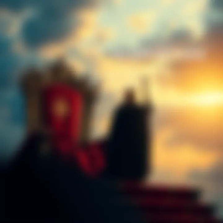 A King Leaving a Throne A king in a royal robe stands beside a grand throne, gazing out towards a bright horizon, symbolizing hope and departure.