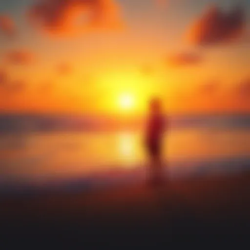 A person standing on a beach at sunrise, looking hopeful towards the horizon.