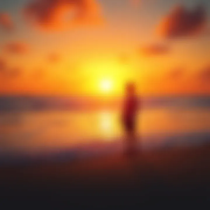 A person standing on a beach at sunrise, looking hopeful towards the horizon.