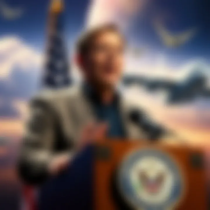 Jon Kosloski speaking at a podium about UAP concerns, with a backdrop of the American flag and aviation imagery