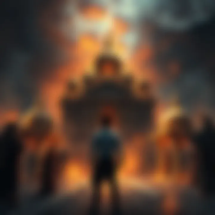 A dreamer stands in a chaotic aashram, witnessing a symbolic House of God surrounded by confusion and fear.