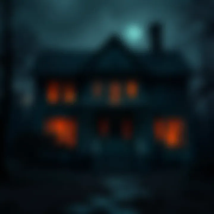 The exterior of a dilapidated house, shrouded in darkness, evoking a sense of fear and unease.