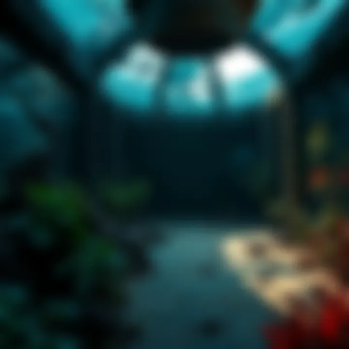 A dimly lit, empty aquarium with cracked glass and scattered sea creatures, surrounded by overgrown plants and decay.
