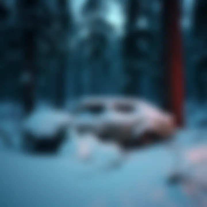 A deserted vehicle covered in snow, surrounded by tall pine trees in a remote forest area, evoking a sense of isolation and mystery.