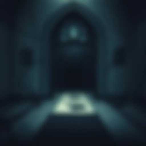 A dark, abandoned church with deep claw marks on the door and eerie shadows inside.